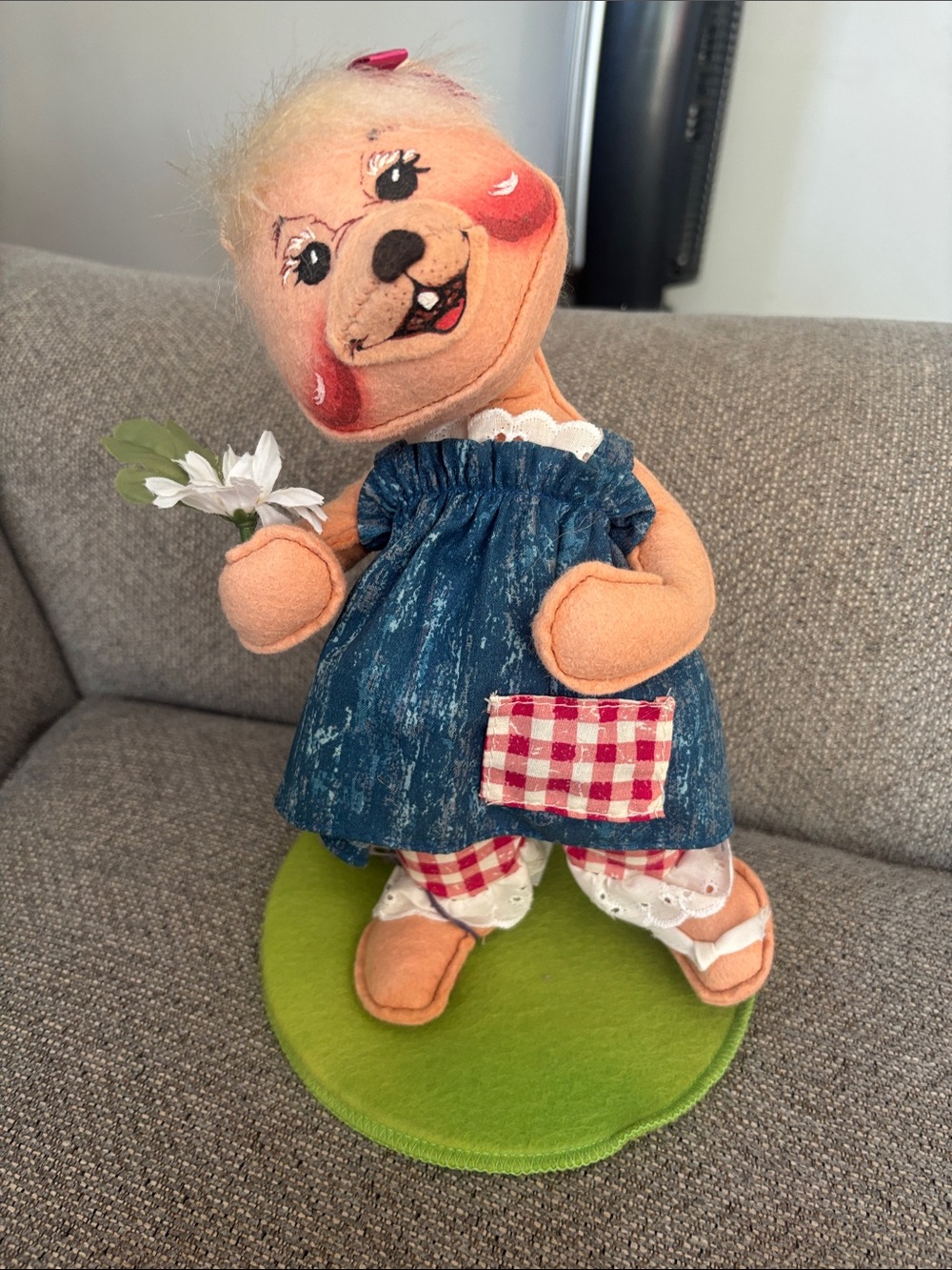 Annalee Peach Plush Puppy in Blue Dress with Red Gingham Pocket